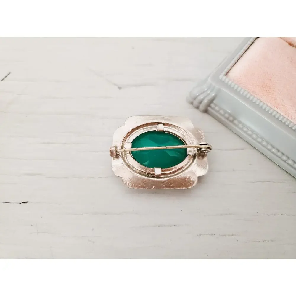 Vintage 1930's Czechoslovakia Silver Tone and Green Carbochan Brooch